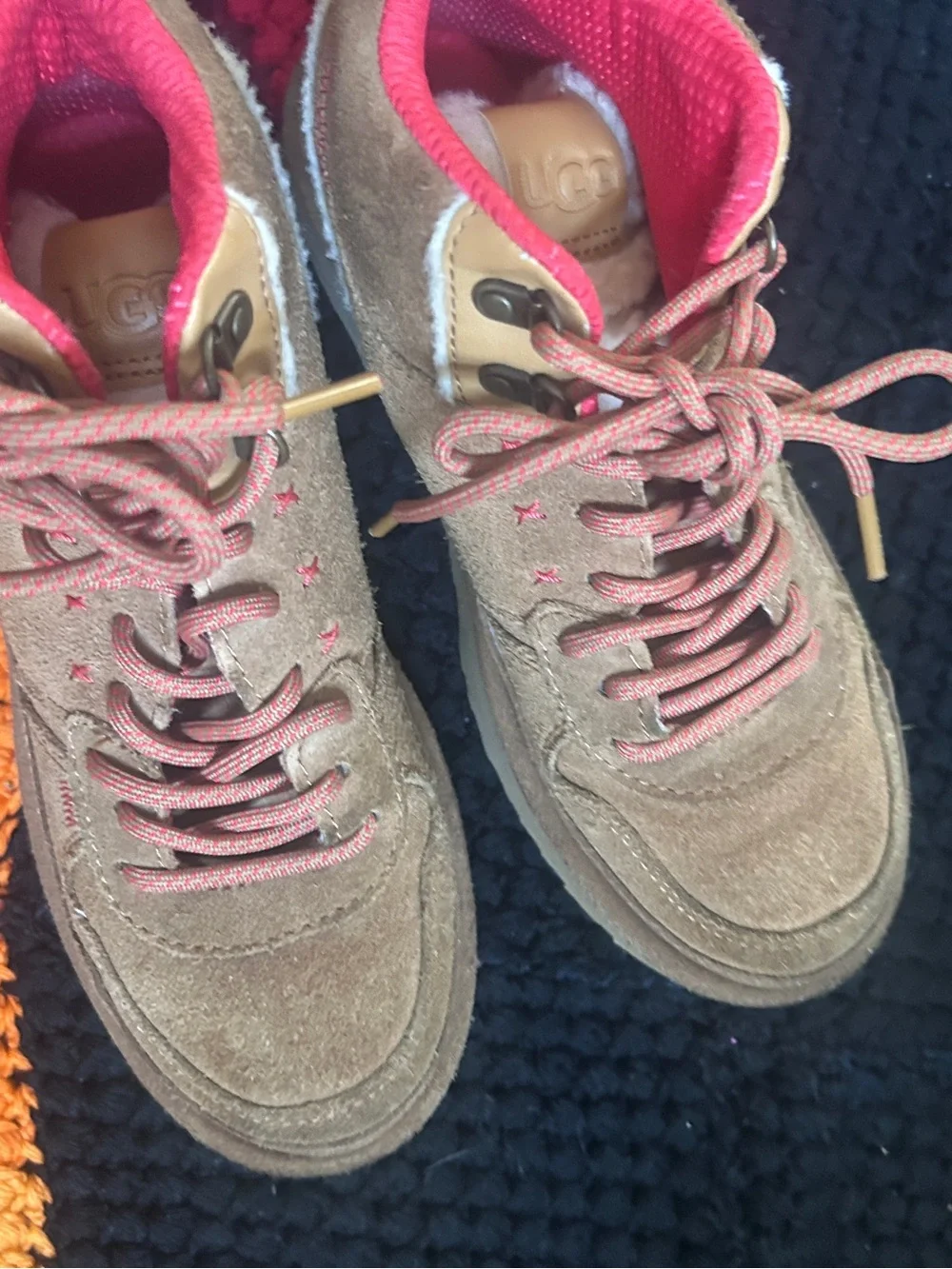 UGG Kids Brown Suede Boots with Pink Laces and Stitching